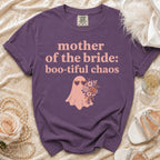 Purple t-shirt with "mother of the bride: boo-tiful chaos" and ghost graphic.