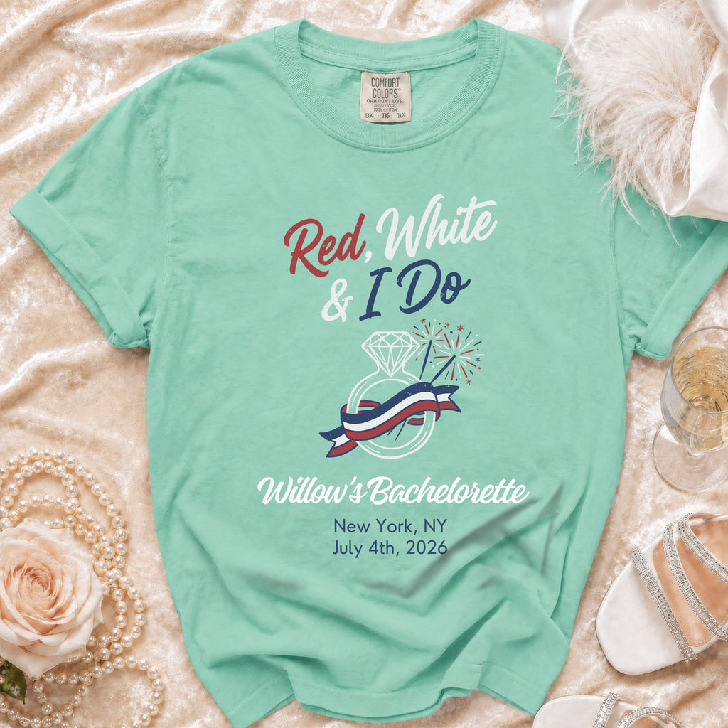 Mint t-shirt with "Red, White & I Do Willow's Bachelorette" text and ring graphic.
