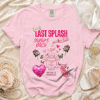 Pink t-shirt with "Last Splash Sarah's Bach" text and graphics.