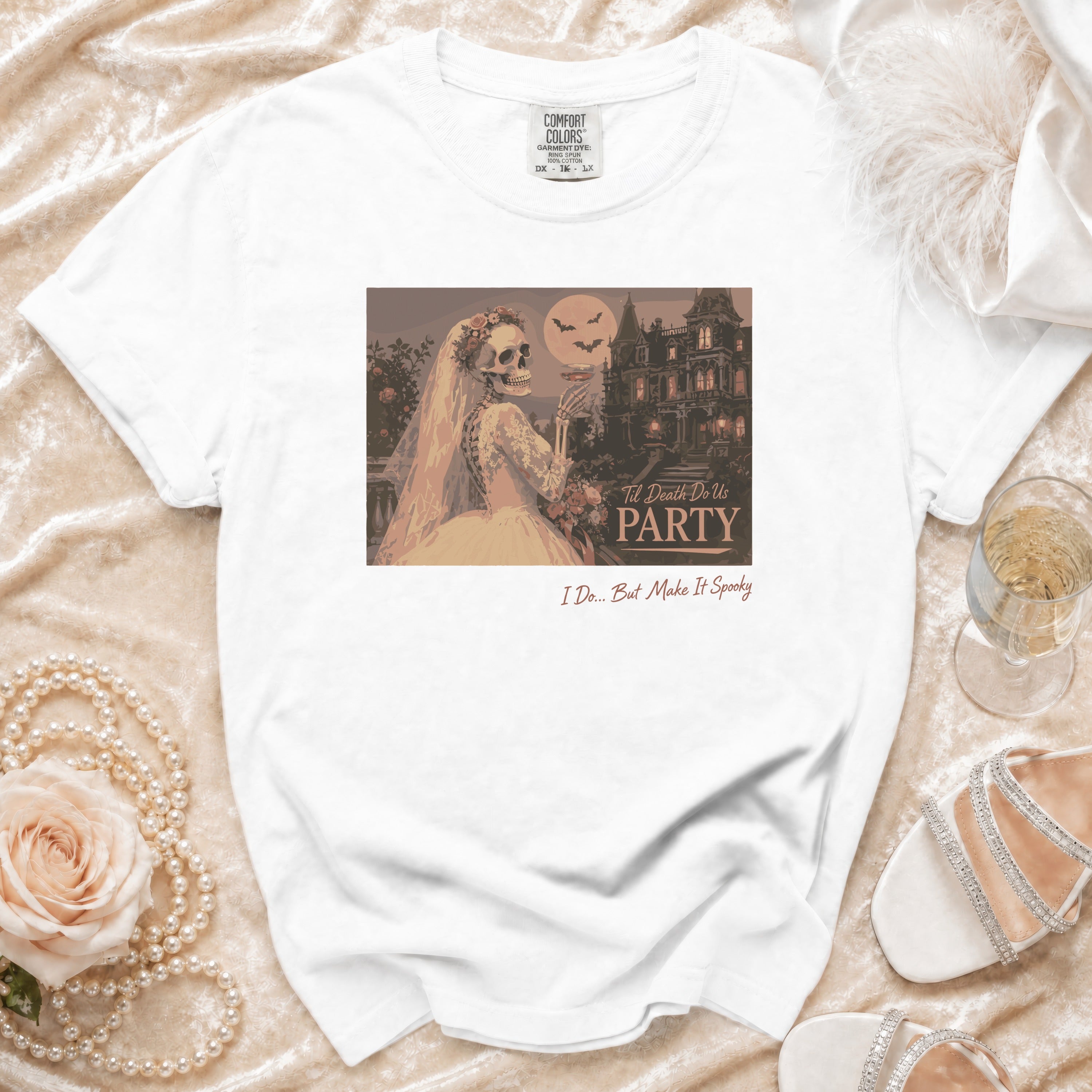 Skeleton bride with spooky mansion graphic and text "Til Death Do Us Party" and "I Do... But Make It Spooky".