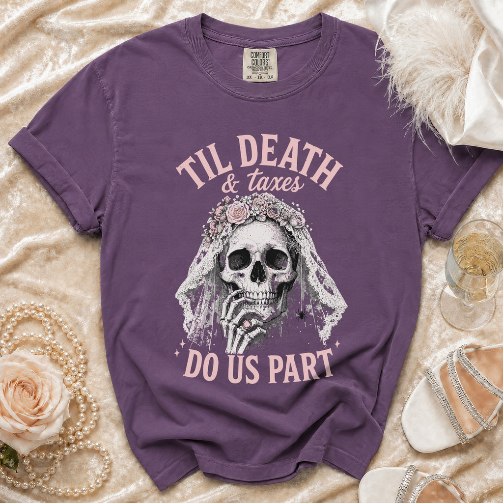 Purple t-shirt with skull, veil, and text "Til Death & Taxes Do Us Part".
