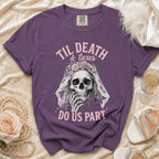 Purple t-shirt with skull, veil, and text "Til Death & Taxes Do Us Part".