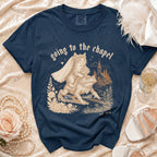 Navy t-shirt with cat bride on frog text "going to the chapel est. 2026".
