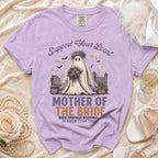 Lavender t-shirt with a ghost in a veil and "Mother of the Bride" text.