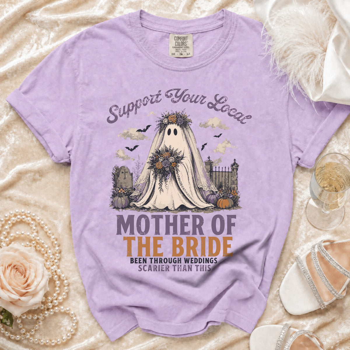 Lavender t-shirt with a ghost in a veil and "Mother of the Bride" text.