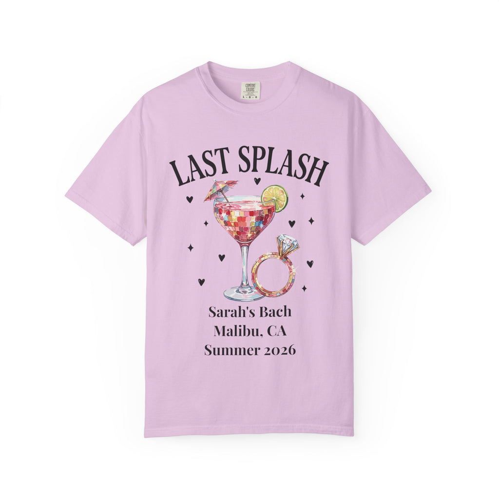 Pink t-shirt with "Last Splash" cocktail and ring design for Sarah's Bach Summer 2026.