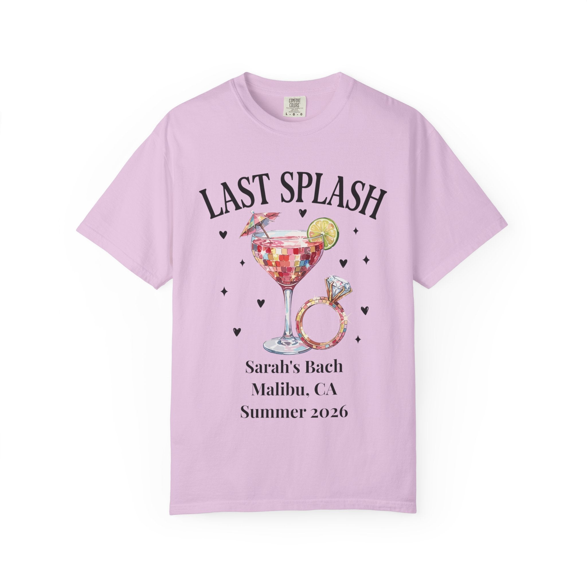 Pink t-shirt with "Last Splash" cocktail and ring design for Sarah's Bach Summer 2026.