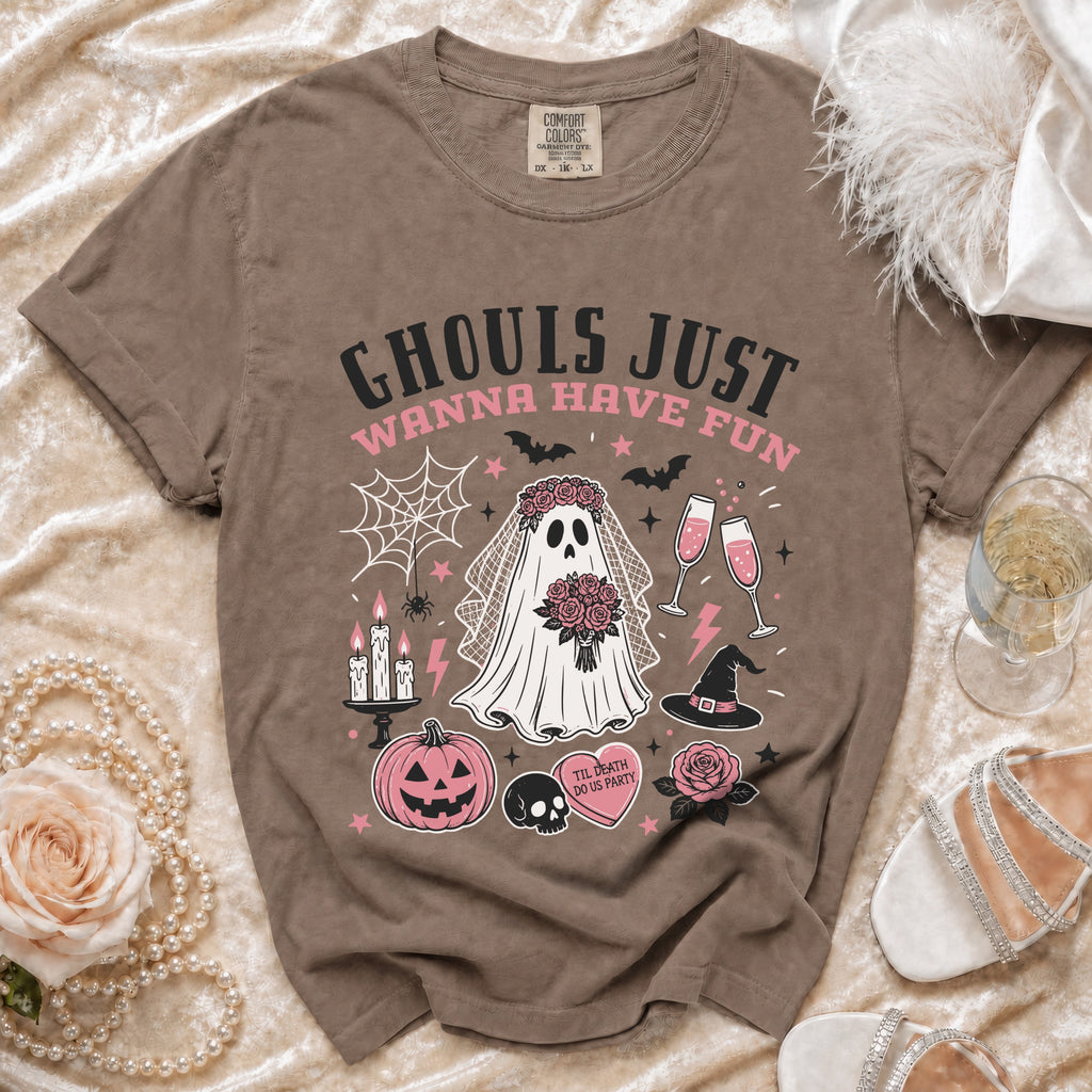 Brown Comfort Colors t-shirt with "Ghouls Just Wanna Have Fun" text and Halloween bridal graphics.