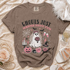 Brown Comfort Colors t-shirt with "Ghouls Just Wanna Have Fun" text and Halloween bridal graphics.