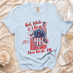 Light blue t-shirt with Red, White & I Do graphic and July 4th, 2026 New York details.