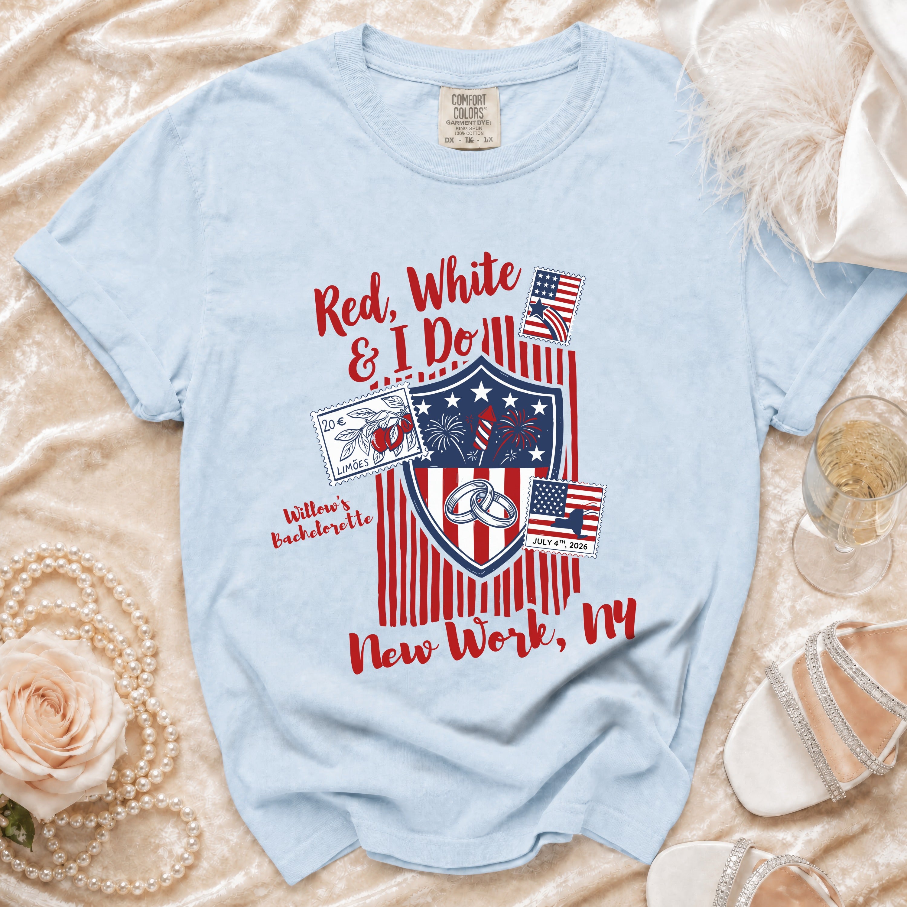 Light blue t-shirt with Red, White & I Do graphic and July 4th, 2026 New York details.