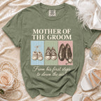 Green t-shirt with "Mother of the Groom" text and shoe illustrations.