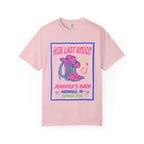 Pink t-shirt with "Her Last Rodeo" design, cowboy boots, and horseshoe.
