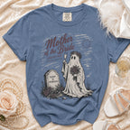 Blue t-shirt with "Mother of the Bride I Raised Her I Survive Everything" ghost graphic.