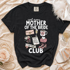 Black t-shirt with "Cool Moms Mother of the Bride VIP Mom Club" graphic.