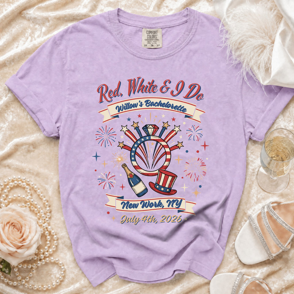 Red, White & I Do bachelorette t-shirt with fireworks and festive details.