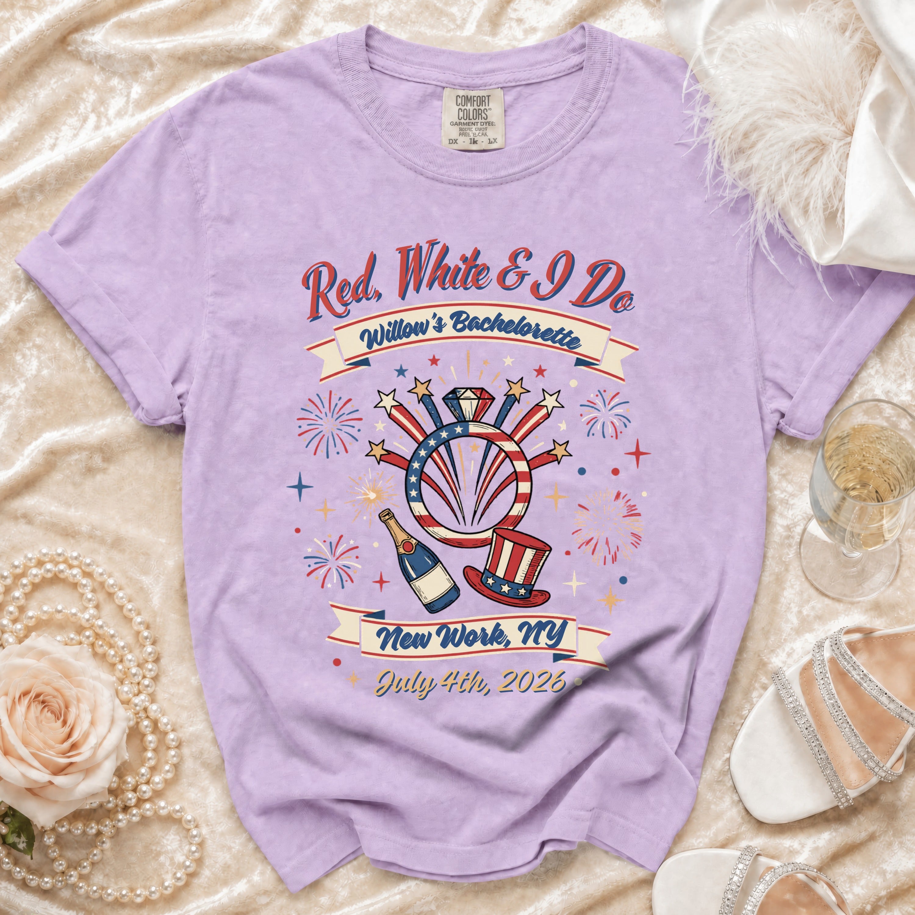 Red, White & I Do bachelorette t-shirt with fireworks and festive details.