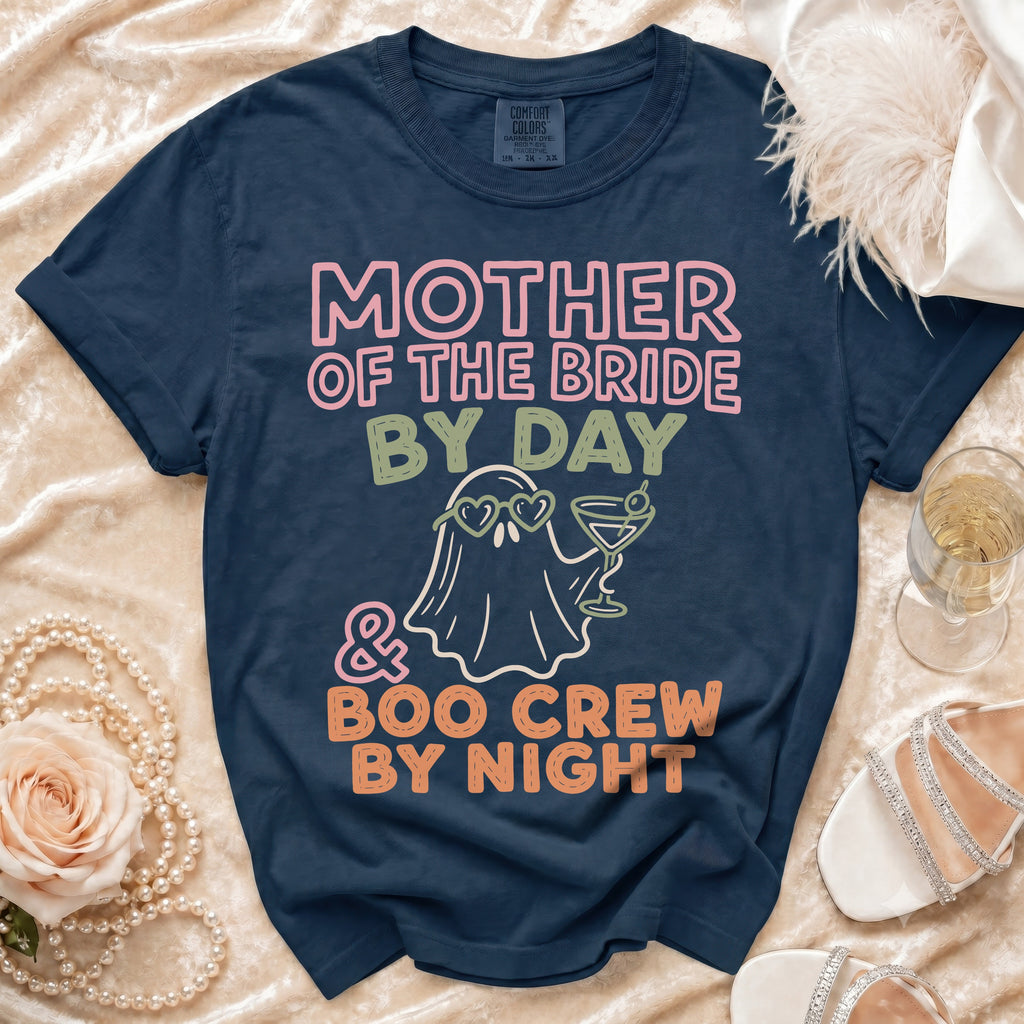 Navy t-shirt with "Mother of the Bride by Day & Boo Crew by Night" graphic.