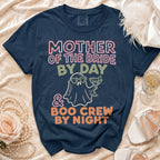 Navy t-shirt with "Mother of the Bride by Day & Boo Crew by Night" graphic.