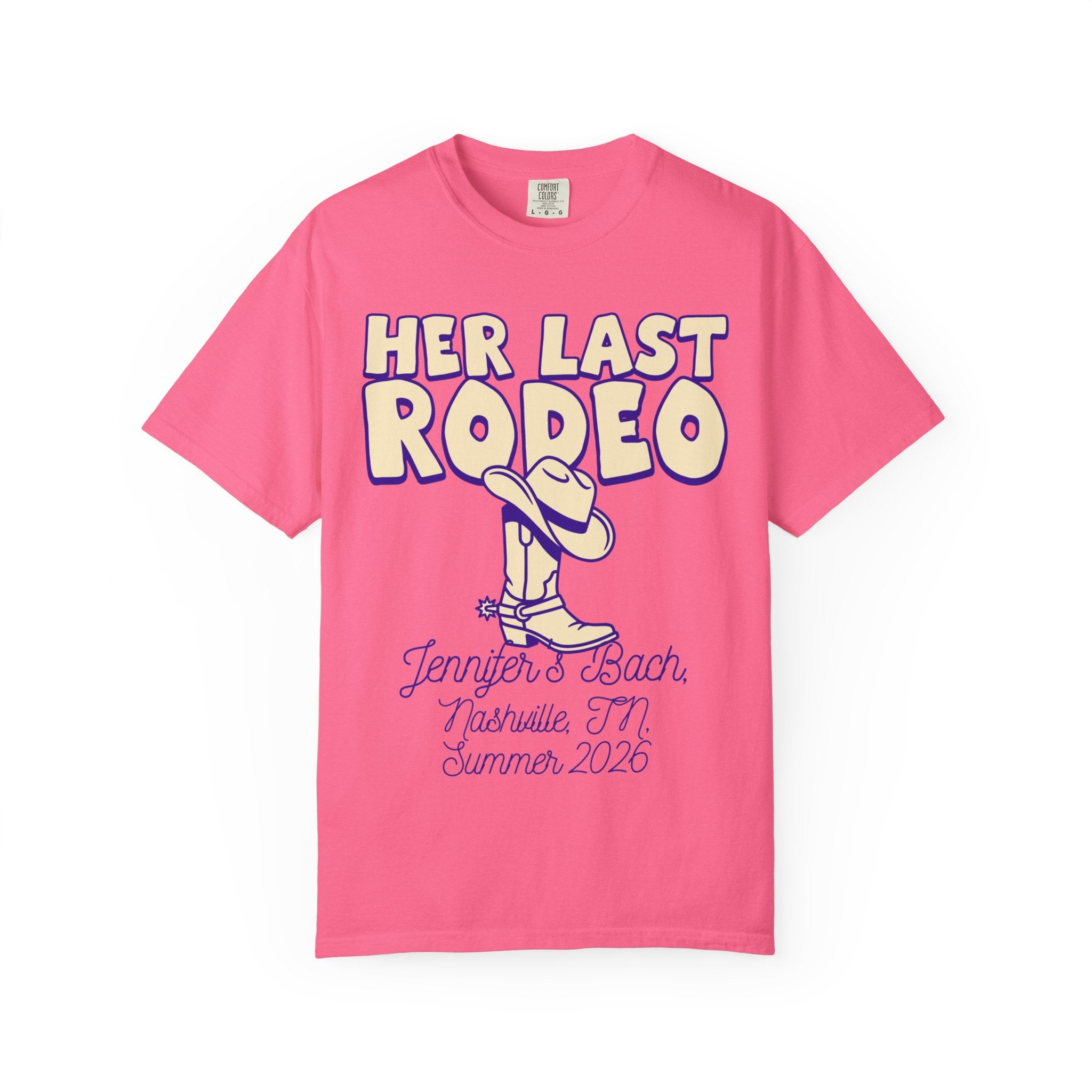 Pink t-shirt with "Her Last Rodeo" text, cowboy boot, and bachelorette details.