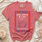 Red, white, and blue t-shirt with "Red, White & I Do" and Willow's Bachelorette details.