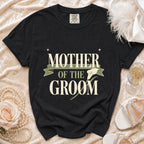 Black t-shirt with "MOTHER OF THE GROOM" text and a calla lily design.
