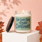 Glass candle with label reading "Our Love Story Continues" from Vowed.