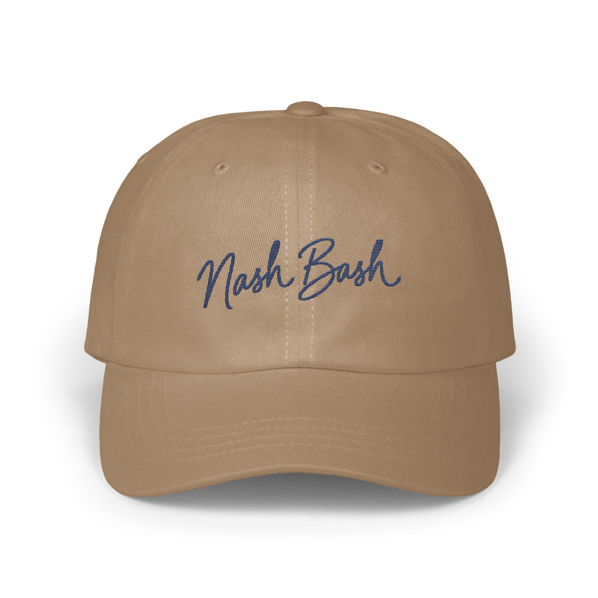 Brown baseball cap featuring blue embroidered cursive text reading Nash Bash on the front.