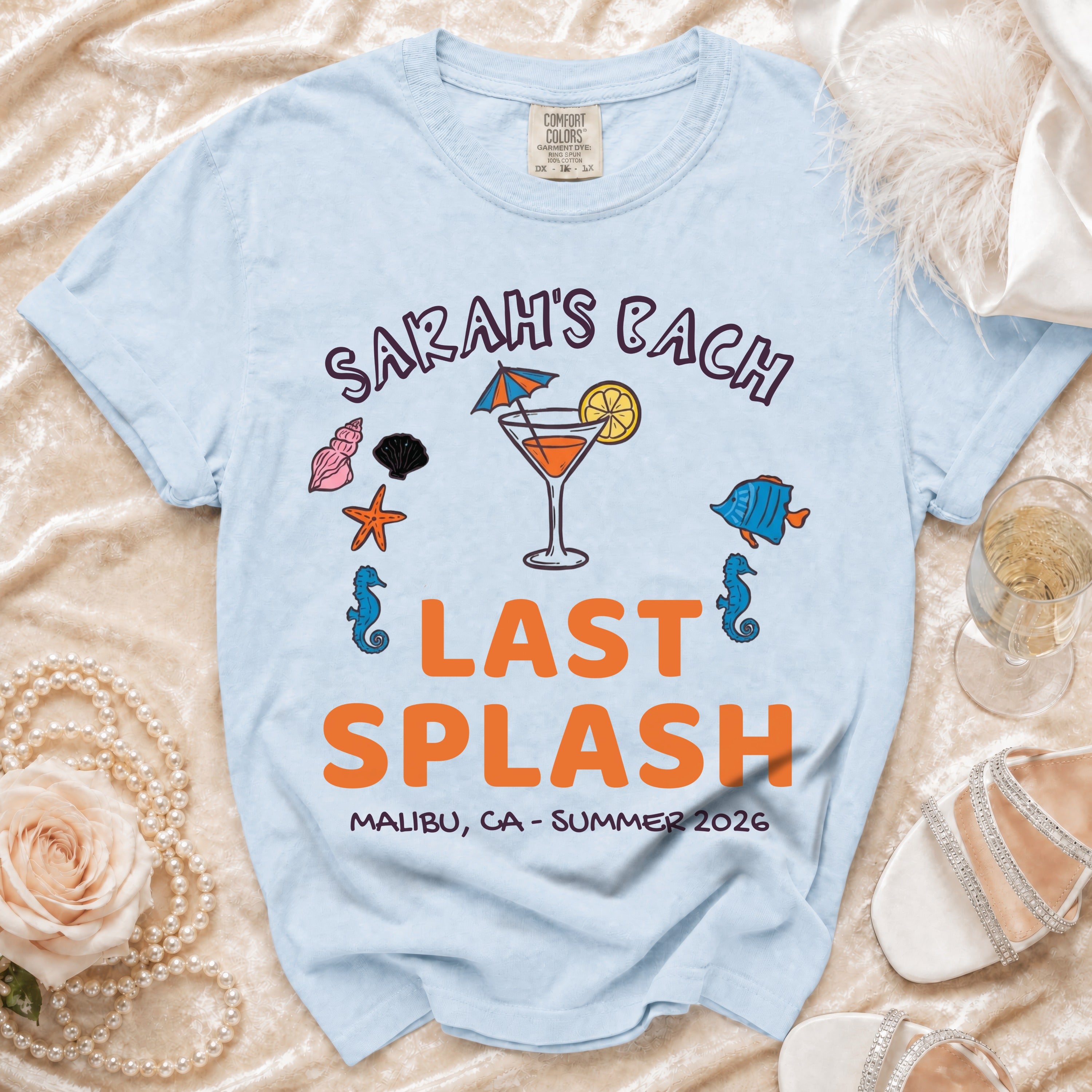 T-shirt with "Sarah's Bach Last Splash" text, cocktail, and sea creatures.