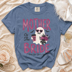 Blue t-shirt with "MOTHER OF THE BRIDE" text and ghost graphic.