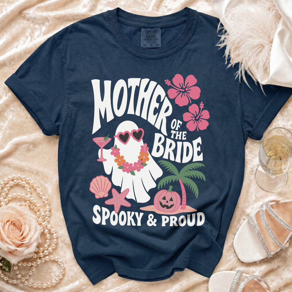 Navy t-shirt with "Mother of the Bride Spooky & Proud" graphic featuring a ghost.