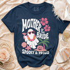 Navy t-shirt with "Mother of the Bride Spooky & Proud" graphic featuring a ghost.