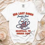 White t-shirt with "Her Last Rodeo Jennifer's Back Nashville, TN Summer 2026" text.