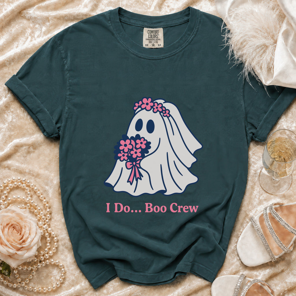 T-shirt with bride ghost graphic and text "I Do... Boo Crew".