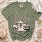 Green t-shirt with "MOB Mother of Boo'de" graphic and a ghost bride in front of a classic car.