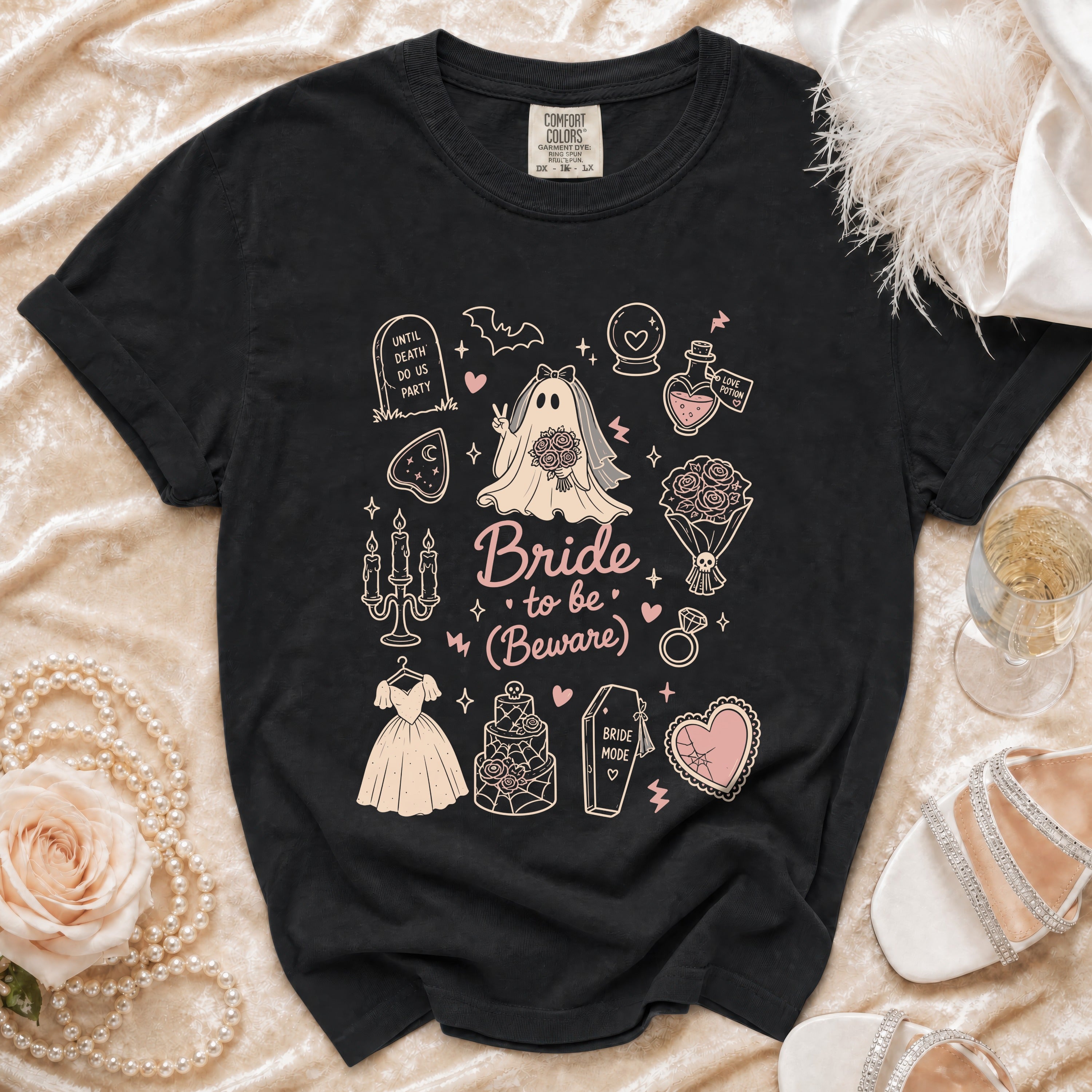 Black t-shirt with "Bride to be (Beware)" ghost bride and gothic wedding graphics.
