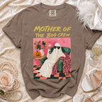 Brown t-shirt with "MOTHER OF THE BOO CREW" graphic featuring a ghost in sunglasses.