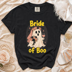 Black t-shirt with "Bride of Boo" text and a ghost wearing a veil and holding flowers.