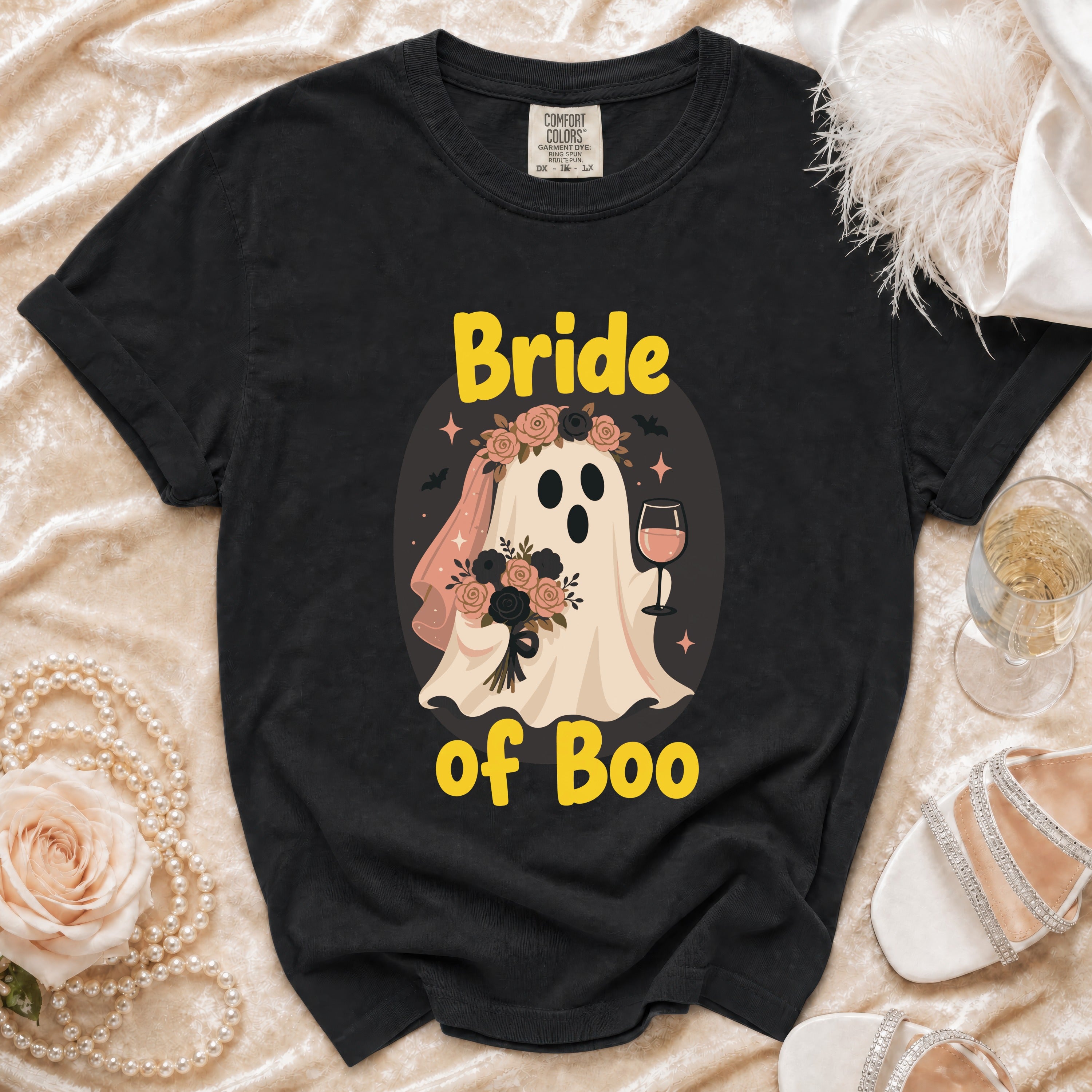 Black t-shirt with "Bride of Boo" text and a ghost wearing a veil and holding flowers.