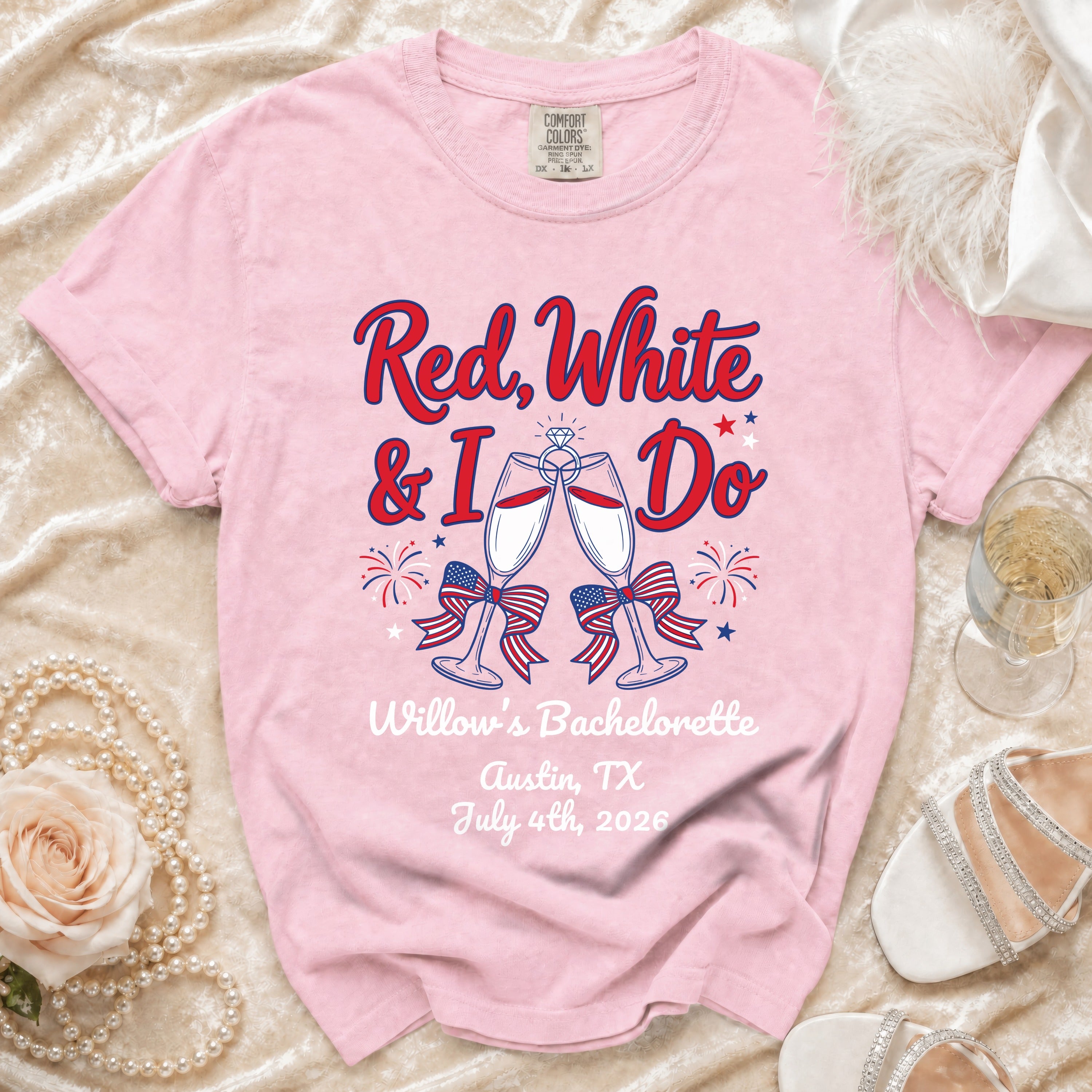 Pink t-shirt for Willow's Bachelorette party in Austin, TX.