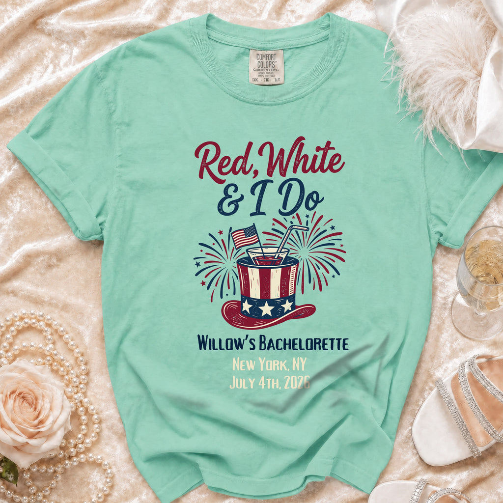 T-shirt with "Red, White & I Do Willow's Bachelorette" text and patriotic graphics.