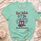 T-shirt with "Red, White & I Do Willow's Bachelorette" text and patriotic graphics.