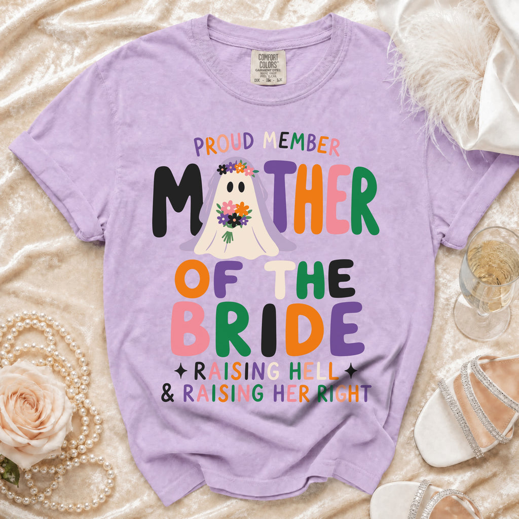Lavender t-shirt with "Proud Member Mother of the Bride" ghost graphic.