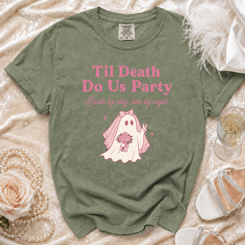 Olive t-shirt with pink ghost bride graphic and text "Til Death Do Us Party."