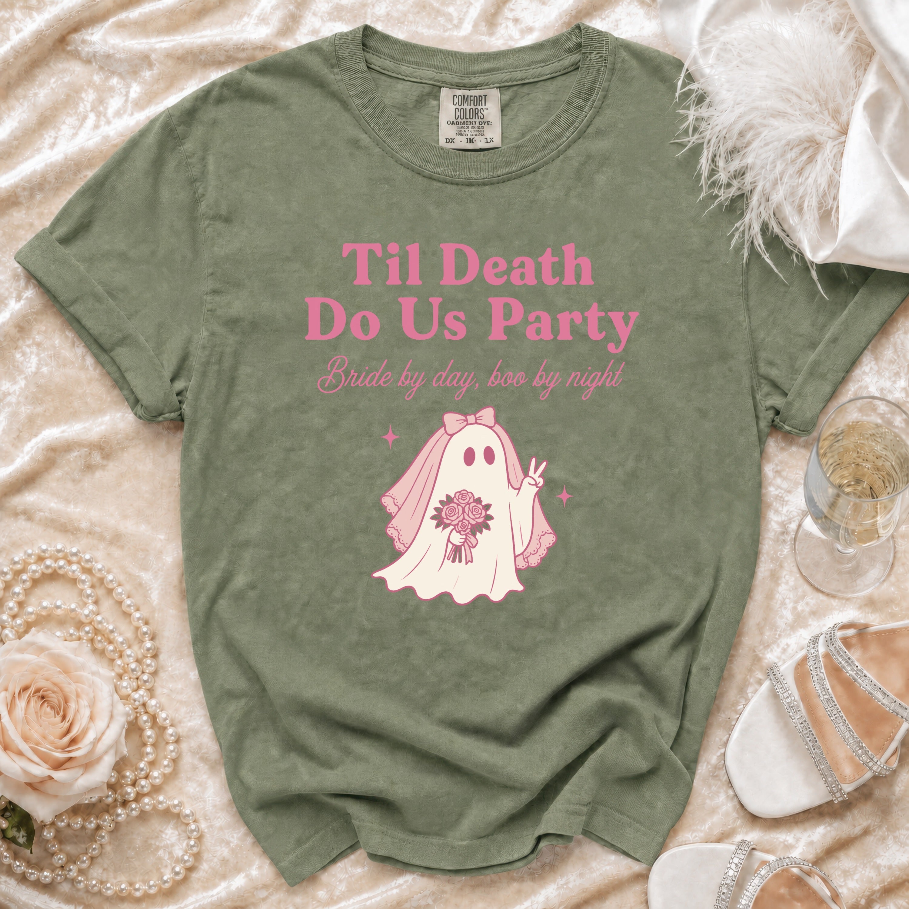 Olive t-shirt with pink ghost bride graphic and text "Til Death Do Us Party."