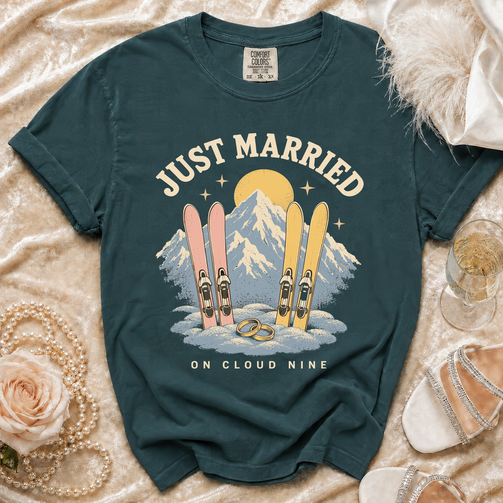 "Just Married on Cloud Nine" graphic tee with skis, mountains, and wedding rings.