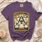 Purple t-shirt with a "Boos Before I Do" graphic featuring ghosts in wedding attire.
