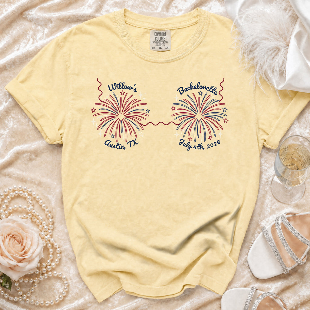 Yellow t-shirt for "Willow's Bachelorette" in Austin, TX on July 4th, 2026.