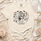 Cream t-shirt featuring a cartoon skeleton bride graphic with the text till death do us part or until I get bored.