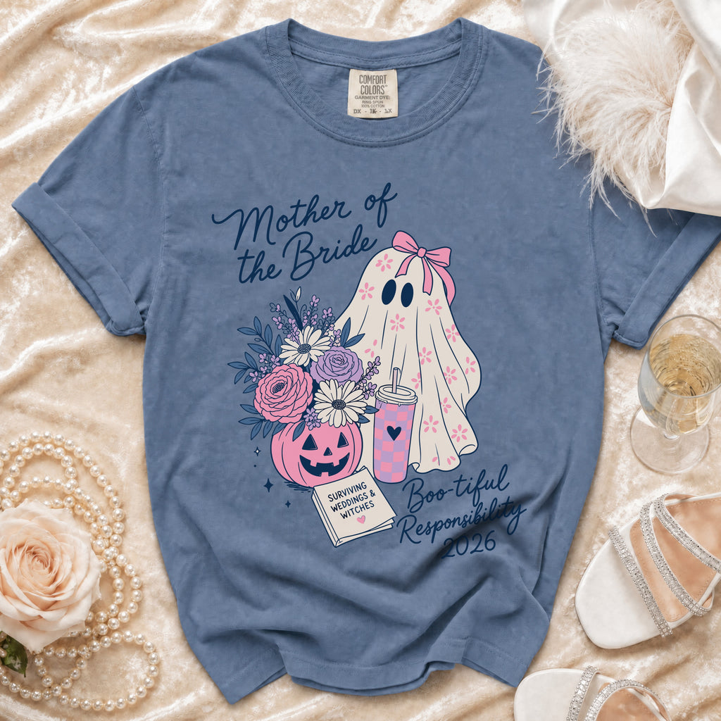 Blue t-shirt with "Mother of the Bride", ghost, pumpkin, and text "Boo-tiful Responsibility 2026".